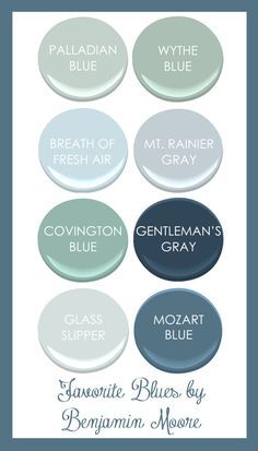 Favorite Benjamin Moore Blues: Palladian Blue, Wythe Blue, Breath of Fresh Air, Mt. Rainer Gray, Convington BLue, Gentleman's Gray, Glass Slipper ... Benjamin Moore Blues, Mt Rainer, Benjamin Moore Blue, Wythe Blue, Palladian Blue, Benjamin Moore Paint, Favorite Paint, Interior Paint Colors, Glass Slipper