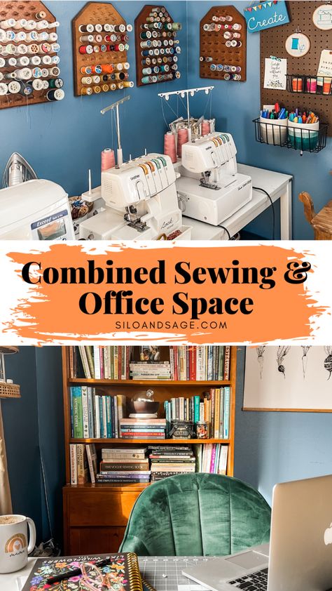 Combined Sewing Room and Office Space Guest Room Craft Room Combo, Home Office Craft Room Combo, Craft Room Guest Room Combo, Sewing Office Room, Sewing Office, Spare Room Design, Office Craft Room Combo, Small Sewing Rooms, Small Craft Rooms