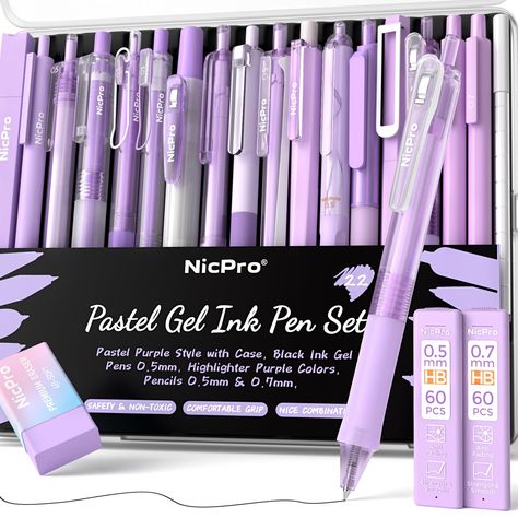 PRICES MAY VARY. Value Combination Purple Stationery Set：Nicpro purple pens contains 12 pcs purple gel pens with black ink, 1 pcs purple pens with purple ink, 2 pack highlighters, 2 pcs cute mechanical pencil 0.7mm & 0.5mm, with 120 pcs lead refills and 1 pcs erasers. This is the perfect combination of school supplies for women Smooth Writing & Quick Drying Ink: Our 0.5mm fine point pens with fine tips, allowing for precise and detailed writing. The writing pens with a smooth writing experience Purple Mechanical Pencil, Purple School Supplies, Paper Mate Pencils, Note Taking Aesthetic, Kuromi Room, Pen For School, Drawing Materials, Ultrasound Technician, Purple Pen