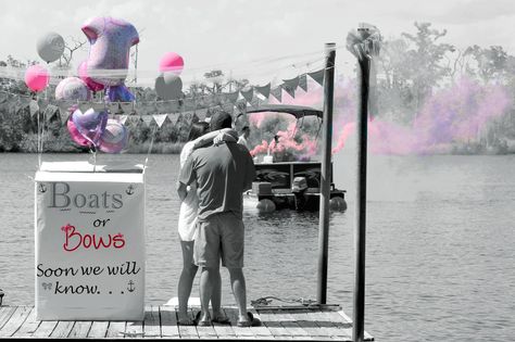 Smoke Bombs for our Boats or Bows Gender Reveal Boats Or Bows Gender Reveal, Boat Gender Reveal Ideas, Boat Baby Announcement, Lake Gender Reveal Ideas, Fishing Pregnancy Announcement, Fishing Gender Reveal, Bows Gender Reveal, Pregnancy Ideas, Lake Party