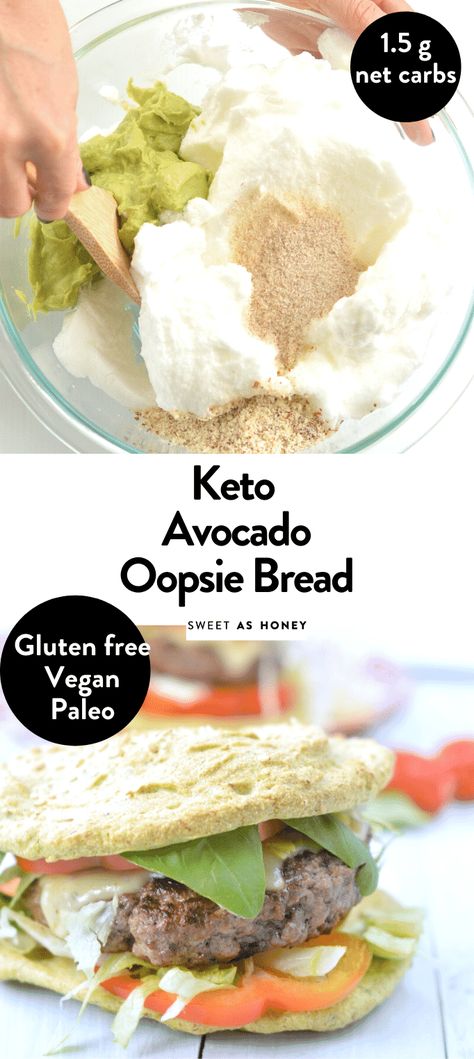 KETO OOPSIE BREAD with Avocado DAIRY FREE #oopsiebread #ketobread #dairyfree #avocado #breadbuns #burger #ketoburger #glutenfree #paleo #5ingredients Dairy Free Cloud Bread, Oopsie Bread Recipe, Bread With Avocado, Oopsie Bread, Gluten Free Burger, Avocado Bread, Low Carb Burger, Keto Burger, Low Carb Flour