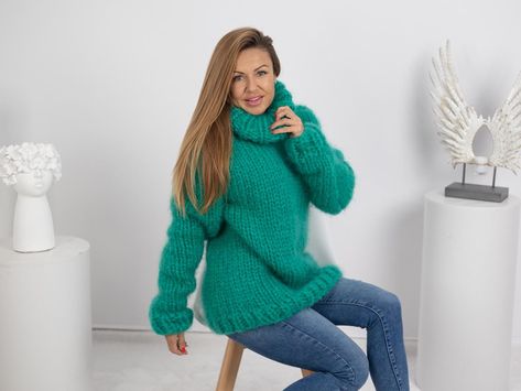 10 strands Green Mohair Sweater, Chunky knit Fuzzy jumper, Tiffy Mohair Sweater  T1750 by TheTiffyMohair on Etsy Fuzzy Pullover, Sweater Chunky, Mohair Sweater, Chunky Knit, Etsy Australia, Bulgaria, Sweater Outfits, Gender Neutral, Knitwear