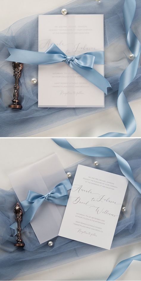 light blue ribbong and vellum pocket wedding invitations Wedding Invitations With Vellum, Invitations With Vellum, Transparent Invitation, Light Blue Wedding Invitations, Baby Blue Weddings, Simple Wedding Cards, Wedding Invitations With Pictures, Wedding Invitation Trends, Rose Gold Invitations