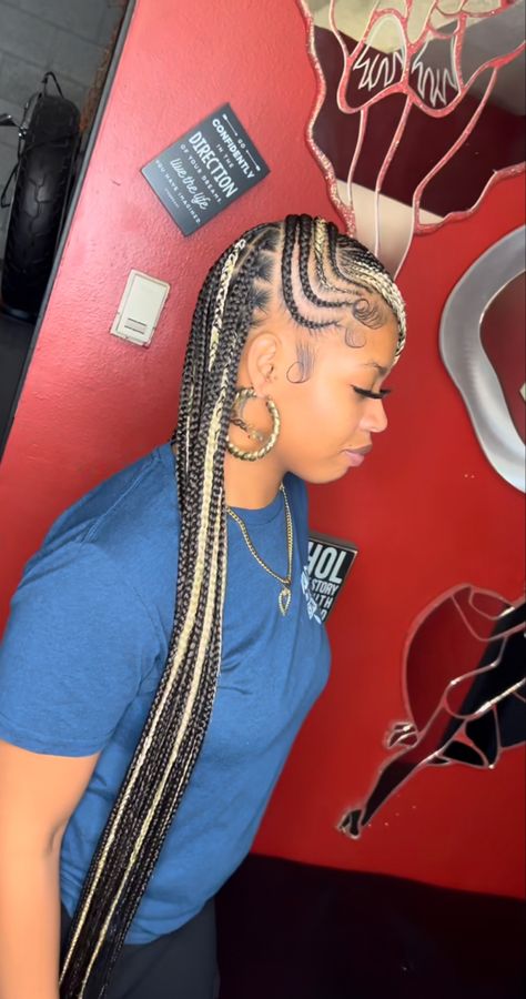 Peekaboo Lemonade Braids, Colored Lemonade Braids, Spring Braids, Braided Ponytail Black Hair, Feedin Braids, Blonde Natural Hair, Black Kids Braids Hairstyles, Lemonade Braids Hairstyles, Lemonade Braids