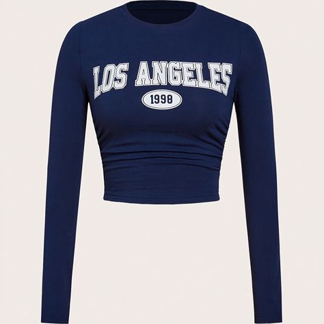 Faster shipping. Better service Cropped Shein, Single Clothes, Los Angeles Shirt, Number Shirt, Casual Preppy Outfits, Blue Crop Tops, Custom Jacket, Women T Shirts, Kids Sleepwear