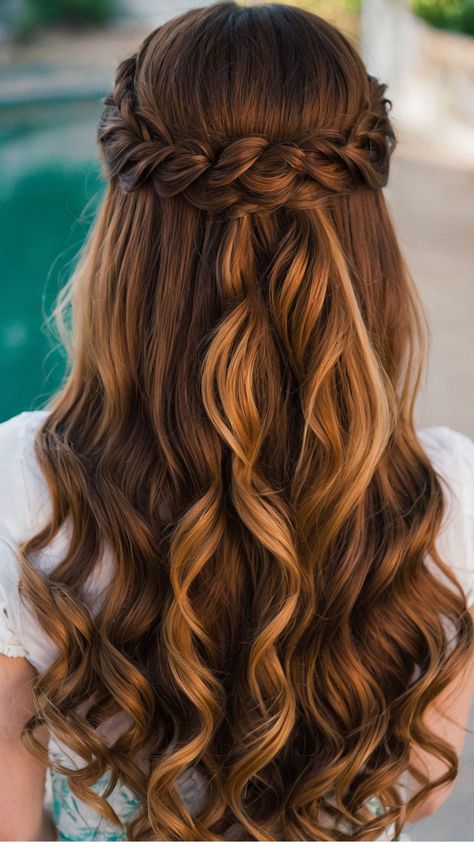 Half Up Half Down Braids, Braids Simple, Half Down Prom Hairstyles, Aesthetic Royal, Royal Hairstyles, Half Up Half Down Prom, Down Prom Hairstyles, Half Up Half Down Hairstyle, Down Hairstyle