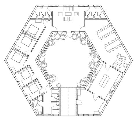 goundfloor hexagon house by MKolle #interior #building #interiorarchitect #ArchiCAD #MKolle #3DDrawing Hexagonal Building Architecture, Hexagon House Design, Hexagon Interior Design, Archicad Projects, Hexagon Architecture, Hexagon Building, Hexagonal Architecture, Hexagon House, Grid Architecture