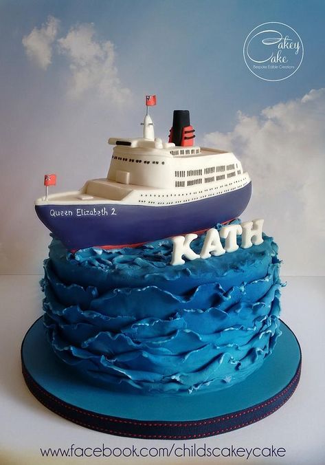 An 8" vanilla bean cake with wave ruffles and an RKT QE2 (with some artistic license!) on top. This was great fun to make, although all those tiny windows nearly made me blind! Thank you for looking :) x Captain Cake Ideas, Cruise Ship Cake, Ship Birthday Cake, Titanic Cake, Hat Birthday Cake, Marine Cake, Captain's Hat, Vanilla Bean Cake, Ship Cake