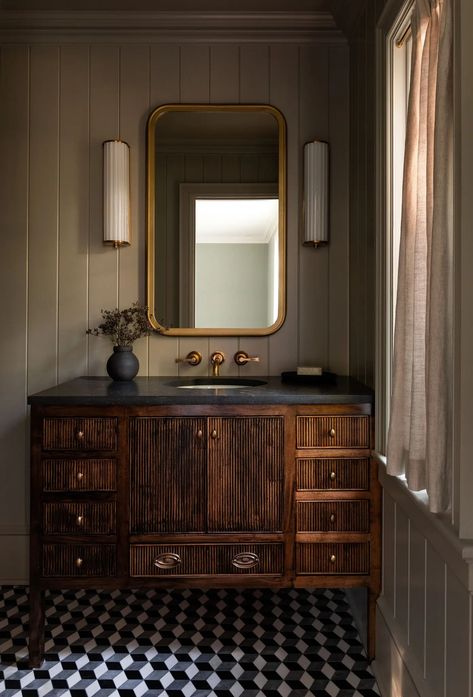 Black Counters Bathroom, Brown Wood Bathroom Vanity, Guest Bathroom Ideas No Window, Anthropology Bathroom, Moody Earthy Interior Design, Black Rustic Bathroom, Dark Vanity Bathroom Ideas, Hardwood Bathroom, Moody Cottage