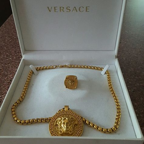 Versace gold chain with Medusa medallion Versace gold Medusa head ring Versace Jewelry Medusa Medallion, Expensive Jewelry Luxury, Versace Jewelry, Versace Gold, Gold Chain Design, Head Ring, Mens Gold Bracelets, Medusa Head, Gold Chains For Men