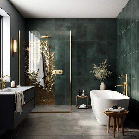 Green Modern Bathroom Ideas, Green Interior Bathroom, Green Floor Tiles Bathroom, Ensuite Bathroom Ideas Green, Bathroom Dark Green Walls, Dark Green Bathrooms Ideas, Earth Inspired Bathroom, Modern Bathroom Design Green, Dark Green Tiled Bathrooms