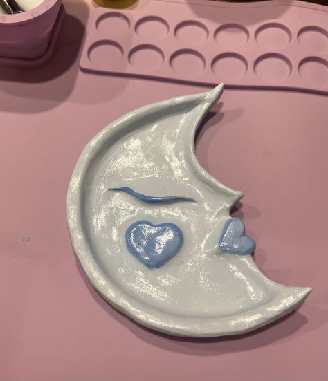 clay trinket dish handmade and sealed with a shiny glaze Air Dry Clay Moon Dish, Funky Ceramics Ideas, Clay Moon Dish, Clay Ring Dish Diy, Clay Trinket Dish Ideas, Air Dry Clay Trinkets, Diy Clay Jewelry Dish, Diy Clay Ashtray, Air Dry Clay Trinket Dishes