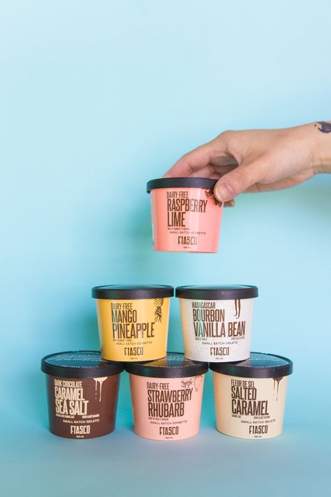 FIASCO gelato  #packaging #package #packagingdesign #design #thedieline #fiascogelato #icecream Ice Cream Cups Packaging, Gelato Packaging, Salted Caramel Gelato, Eggnog Ice Cream, Classic Eggnog, Ice Cream Photography, Dark Chocolate Caramel, Ice Cream Business, Ice Cream Packaging