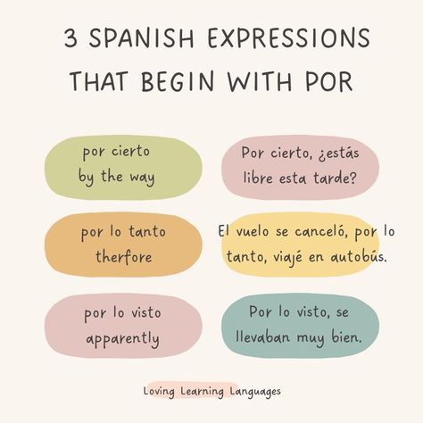 3 Spanish Expressions that begin with the preposition por. Spanish Prepositions, Spanish Expressions, Spanish Notes, Useful Spanish Phrases, Spanish Learning Activities, Spanish Words For Beginners, Basic Spanish Words, Spanish Basics, Learning Languages Tips