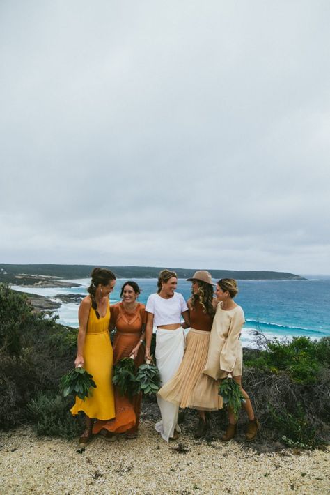 mismatched autumnal-toned bridesmaid dresses Casual Wedding Party, Casual Bridesmaid, Casual Bridesmaid Dresses, Unique Bridesmaid Dresses, Bridesmaids Dress Inspiration, Unique Bridesmaid, Perfect Bridesmaid Dress, Mismatched Bridesmaid Dresses, Bridesmaid Style