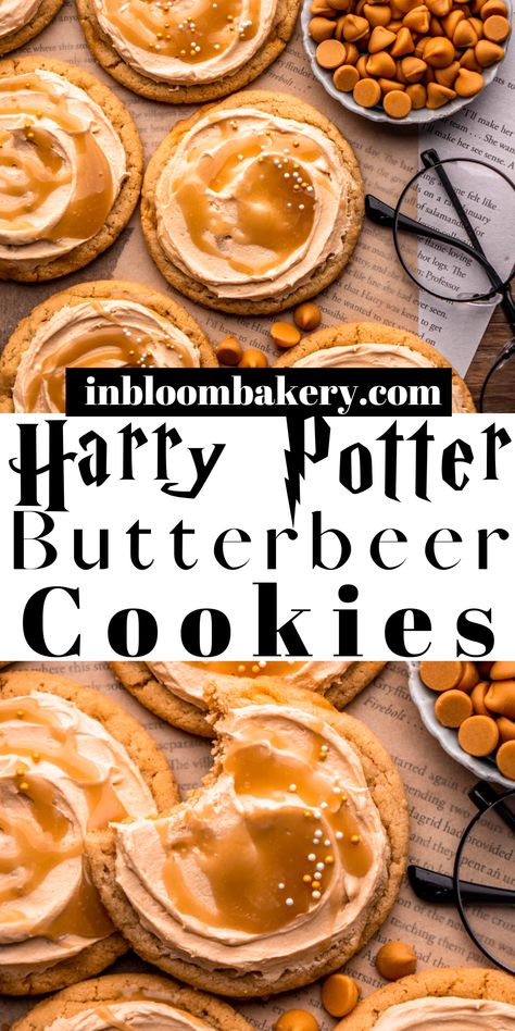 These Harry Potter butterbeer cookies will transport you right into the wizarding world! They're extra chewy cookies flavored with butterscotch, vanilla and butter flavor, frosted with butterscotch buttercream and drizzled with butterbeer caramel sauce. Butterbeer Cookies Harry Potter, Butterbeer Cookies Recipe, Harry Potter Recipes Desserts, Beer Butter Cookies, Butterbeer Cupcakes Recipe, Harry Potter Cookie Recipes, Harry Potter Butterbeer Cupcakes, Harry Potter Buttercream Cookies, Crazy Cookies Recipes