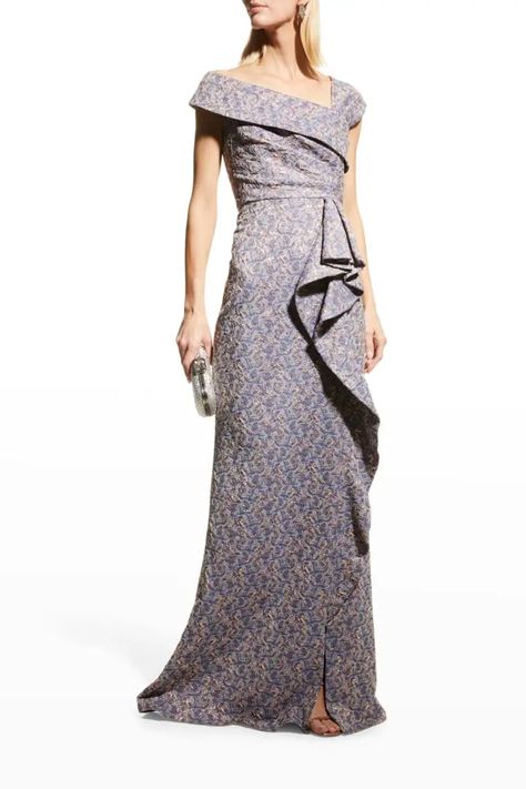 T2PE7 Rickie Freeman for Teri Jon Asymmetric Portrait-Neck Side-Ruffle Gown Brides Mom Dress, Womens Evening Gowns, Jacquard Gown, Long Gown For Wedding, Portrait Neckline, Trumpet Silhouette, Rose Gown, Sun Dress Casual, Ruffle Gown