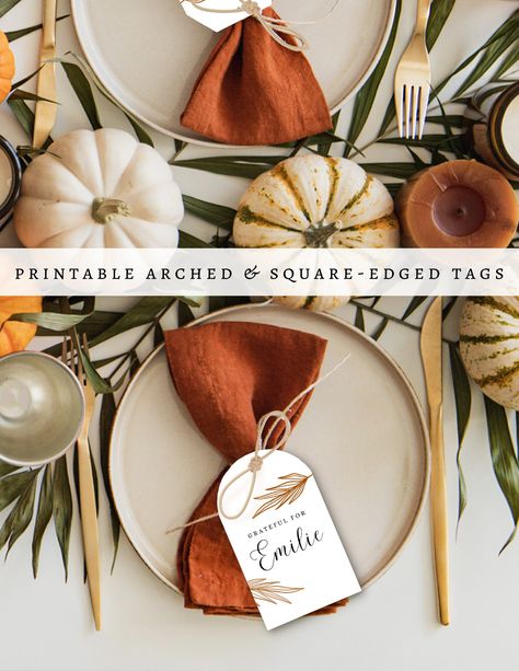 These personalized name tags are a perfect addition to any thanksgiving table setting... Not only do they allow for ease when it comes to seating everyone around the table, but they also communicate love by taking a quick extra minute to personalize and recognize each guest! *This listing is for a digital product only. Please note you will NOT receive a physical item in the mail.* These templates are an INSTANT DOWNLOAD! Your files will be available to download once your payment is confirmed. Yo Thanksgiving Personalized Place Settings, Name Tags Thanksgiving, Thanksgiving Handouts Lds, Thanksgiving Table Name Tags, Name Cards Thanksgiving, Friendsgiving Place Cards, Name Place Cards Thanksgiving, Thanksgiving Napkins Ideas, Thanksgiving Table Name Cards