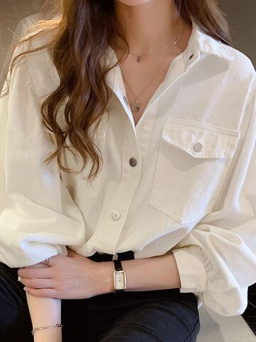 Street Preppy, Top Rosa, Shirt Blouses Women's, Pockets Design, Long Sleeve Denim Shirt, White Shirts Women, Long Sleeve Fashion, Oversized Long Sleeve, Oversized Blouse