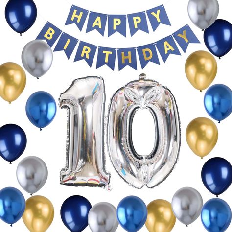 PRICES MAY VARY. Package included: 1 * blue 'HAPPY BIRTHDAY' Letter Banner, 1* Jumbo number 10 foil balloons, 20 latex party balloons in 4 colors(5* metallic silver, 5* metallic blue, 5*metallic navy blue, 5* metallic gold ), 1* 10m ribbon. Total 23packs in one package. Happy 10th birthday party supplies are ideal for son 10th birthday party, 10th boy birthday party, DOUBLE DIGITS 10th birthday party, cheers to 10 years old birthday party, 10& fabulous party, blue 10th birthday decorations for h 10 Years Old Birthday, 10th Birthday Party, Birthday Letter, 10 Birthday, Letter Banner, Happy 10th Birthday, Metallic Balloons, Happy Birthday Lettering, Birthday Letters