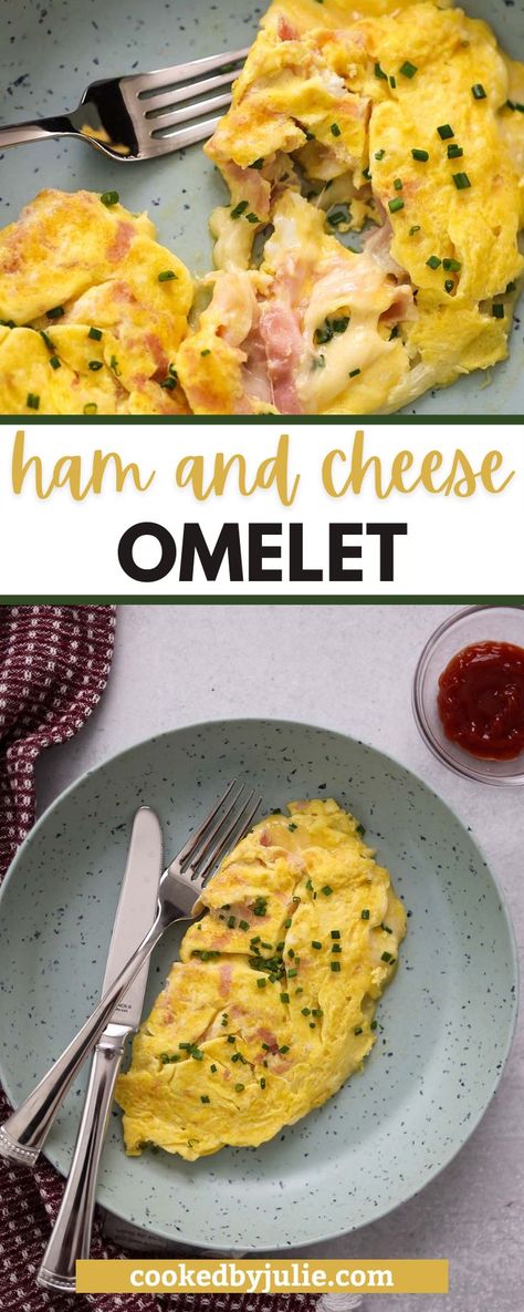 This ham and cheese omelet is fluffy, flavorful, and super easy to make. Made with eggs, honey ham, swiss cheese, butter, and chives. Minimal ingredients are involved, but with a huge flavor payoff at the end. Plus, it's low-carb and keto friendly. Enjoy it with toast or blueberry pancakes on the side for a complete breakfast! Ham Egg And Cheese Omelette, Ham And Cheese Omlete, Ham And Cheese Omelette Recipe, Omelette Recipe Easy Ham And Cheese, Ham And Cheese Omelette Easy, Ham Omelette Recipes, Omlet Recipes Easy, Glaze Ham, Cheese Omelette Recipe