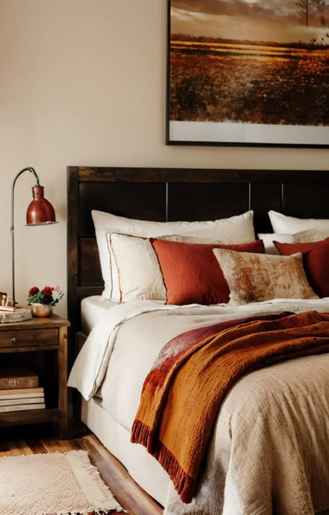 Emerald Green And Burnt Orange Bedroom Ideas, Burnt Orange Accent Bedroom, Burnt Orange And Gray Bedroom, Moody Orange Bedroom, Rusty Orange Bedroom, Burnt Orange Room, Burnt Orange Rooms, Tan Bedroom Ideas, Cream Bedroom Decor