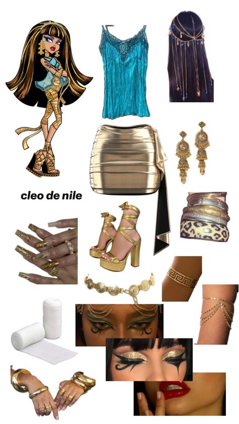 cleo de nile - monster high Queen Of Nile Costume, Cleo And Duce Monster High Costume, Moster High Halloween Ideas, Gold Costume Ideas Halloween, Genie Monster High, Cleo And Dulce Halloween, Cléo And Deuce Costume, Helovin Costum, Sarah Screams Monster High Costume