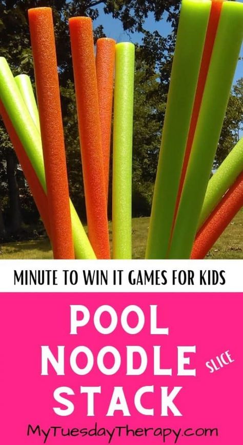 Pool Noodle Stack. Easy Minute to Win It Game Pool Minute To Win It Games, Summer Minute To Win It Games For Kids, Summer Minute To Win It Games, Noodle Crafts For Kids, Minute To Win It Games For Kids, Pool Noodle Games, Noodle Crafts, Summer Planning, Water Birthday