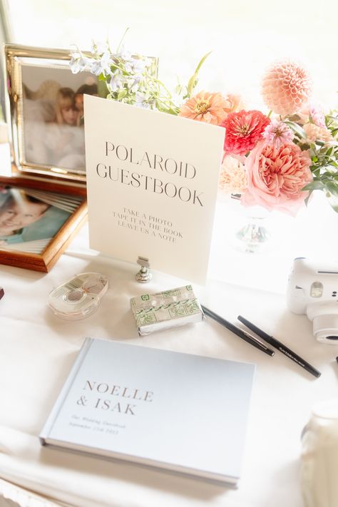 Wedding Welcome Table Polaroid, Polaroid Corner Wedding, Polaroid Reception Table, Guest Book Station Wedding, Engagement Photo Guest Book Wedding, Wedding Photo Spot For Guests, Wedding Small Touches, Cards And Guest Book Table, Gift Station Wedding