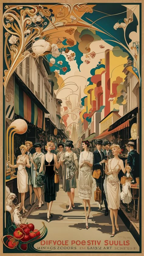 1920s Art Nouveau, 1920s Poster, Merging Art, Vintage Disney Posters, 1920s Jazz, Market Scene, Art Deco Aesthetic, Book Scrapbook, Art Exhibition Posters