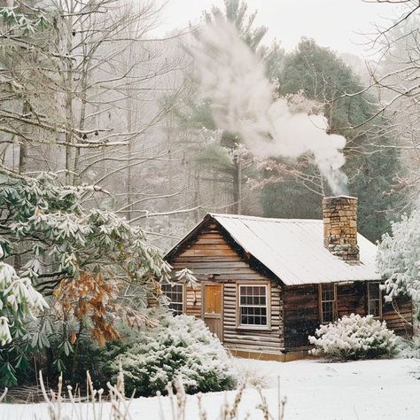 Cozy winter cabin in snowy forest with chimney smoke, rustic retreat for a peaceful getaway. Small Winter Cabin, Winter Cabin Aesthetic, Winter Cabin In The Woods, Cabin In Winter, Arctic Cabins, February Aesthetic, Cabin In The Snow, Cozy Winter Cabin, Snow Cabin