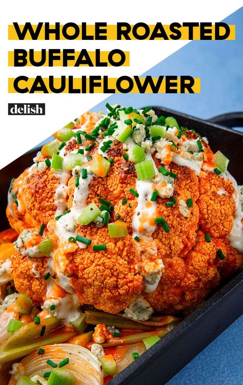 Roasted Buffalo Cauliflower, Whole Cauliflower, Cauliflower Roasted, Vegan Cauliflower Recipes, Buffalo Cauliflower Recipes, Buffalo Cauliflower Bites, Whole Roasted Cauliflower, Top Chicken Recipes, Buffalo Cauliflower