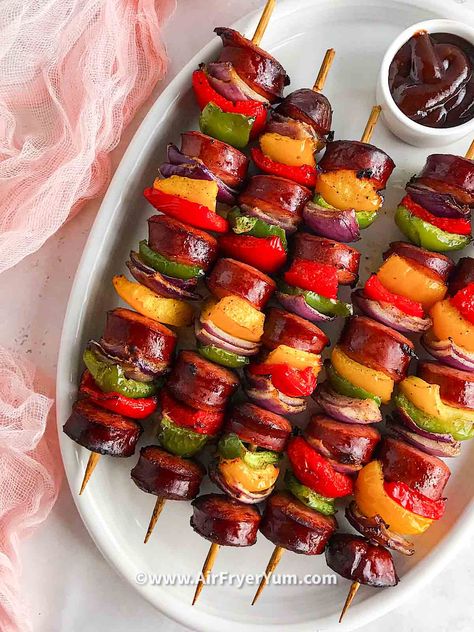 When it comes to easy, delicious meals, you’ll have to agree with me that air fryer sausage kabobs are included. These simple skewers are perfect for a casual weeknight dinner, summer time gatherings or as a quick appetizer on game night! Sausage Kebabs Skewers, Air Fryer Kabobs, Grill Steak Recipes, Breakfast Kabobs, Steak Salads, Sausage Kebabs, Kabobs Recipes, Potato Kabobs, Steaks On The Grill