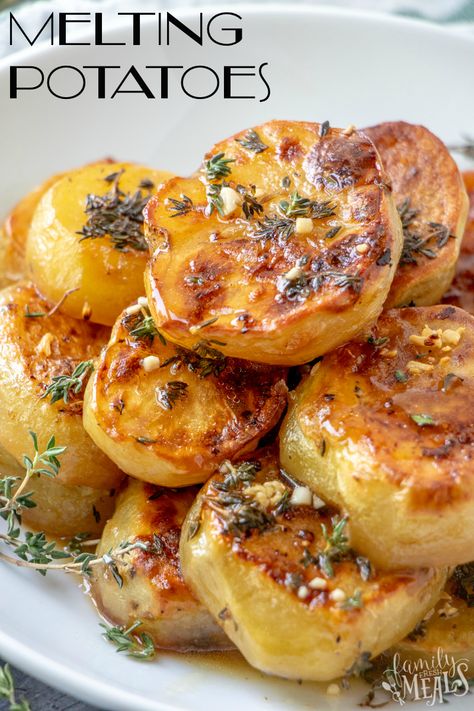 These gorgeous, golden, oven-roasted Melting Potatoes soaked in chicken stock are so tender, they really do melt in your mouth. Best Potatoes Recipes, Date Night Potatoes, Gem Potato Recipes, Potato Medallions Baked, Melting Potatoes Food Network, Mashed Potato Variations, Food 52 Recipes Website, 15 Hour Potato Recipe, Klondike Potatoes Recipes