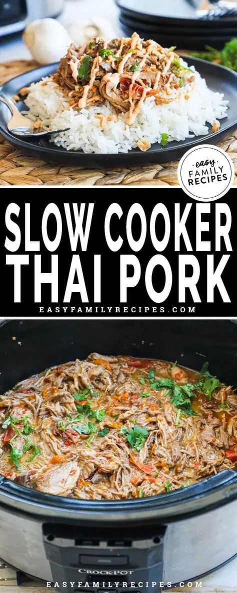 Crock Pot Thai Style Pork · Easy Family Recipes Thai Crockpot, Crock Pot Thai, Crockpot Thai, Slow Cooker Thai, Thai Pork, Slow Cooked Pulled Pork, Pork Shoulder Recipes, Easy Family Recipes, Slow Cooker Dinner