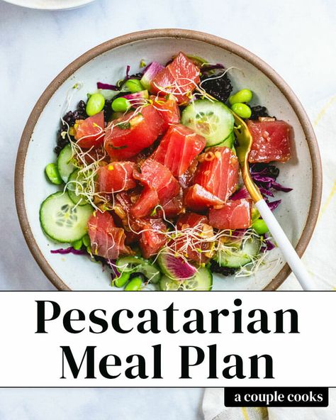 Here's a monthly pescatarian meal plan! It's got lots of recipes and inspiration, planning ideas, and a meal planning calendar download. #mealplan #mediterraneandiet #pescatarian #pescatarianmealplan #bluezones #bluezonemealplan #healthymealplan #healthyrecipes #monthlymealplan #mealplanning #mealprep #seafood #fishrecipes #salmonrecipes #shrimprecipes Pescatarian Recipes Chicken, Pescatarian Weekly Meal Plan, Pescatarian Family Meals, Diet Meal Plan Pescatarian, Pescatarian Diet Meal Plan, Pescatarian Recipes Healthy Clean Eating, Seafood Diet Plan Clean Eating, Pescetarianism Recipes, Pescatarian Breakfast Ideas