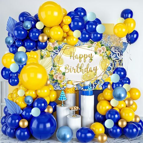 PRICES MAY VARY. [Lemon Party Decoration]: Lemon Birthday Decorations including 175 x latex balloons (18inches, 10inches, 5inches), 1x lemon happy birthday backdrop, 1 x balloon strip, 1x Balloon Knotter, 1x Backdrop ribbon and 1 roll of adhesive dots, perfect for your positano themed birthday party decorations. [Premium Quality Material]: Blue Yellow Lemon Balloon Garland Arch Kit is made from premium latex for durability and vibrant colors,perfect for a wonderful summer birthday party. High-qu Blue And Yellow Themed Birthday Party, Lemon Party Decorations, Lemon Birthday, Birthday Party Diy, Birthday Party Decorations Diy, 50th Anniversary Party, Summer Birthday Party, Garland Arch, Arch Kit