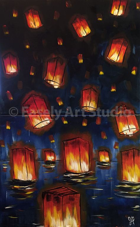 "Lanterns" Diptych, painting, paint and sip, painting party, art, lanterns, night, ocean, water, orange, yellow, fire, light, bright, floating, Easely Art Studio Floating Lanterns Painting, Sky Lantern Drawing, Lanterns Drawing, Diptych Painting, Lantern Drawing, Festival Paint, Sky Lantern, Night Ocean, Gouache Tutorial