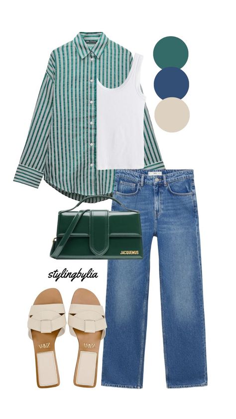 Green Striped Shirt Outfit, Green Stripes Shirt, Green Tshirt Outfit, Veiled Clothes, Striped Shirt Outfit, Green Striped Shirt, Outfits With Striped Shirts, Shirt Outfit Ideas, Everyday Fashion Outfits