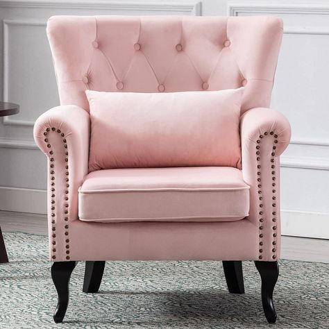 Amazon.com: Janoray Mid Century Modern Accent Chair Upholstered Armchair Comfy Velvet Fabric Single Sofa with Tufted Wingback for Small Spaces Bedroom Living Room, Pink, B- Pink : Everything Else Light Pink Accent Chair, Pink Upholstered Chair, Pink Chairs Living Room, Cozy Bedroom Chair, Shabby Chic Furniture Living Room, Arm Chair Living Room, 1950 House, Comfy Sofa Chair, Small Spaces Bedroom