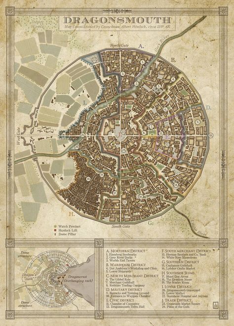 A city map commisioned for Steel and Steam, an upcoming fantasy steampunk kickstarter run by Silverhold Studios. Ville Steampunk, Fantasy City Map, Fantasy Map Making, Map Layout, Dnd World Map, Fantasy Town, Imaginary Maps, Fantasy World Map, Tabletop Rpg Maps