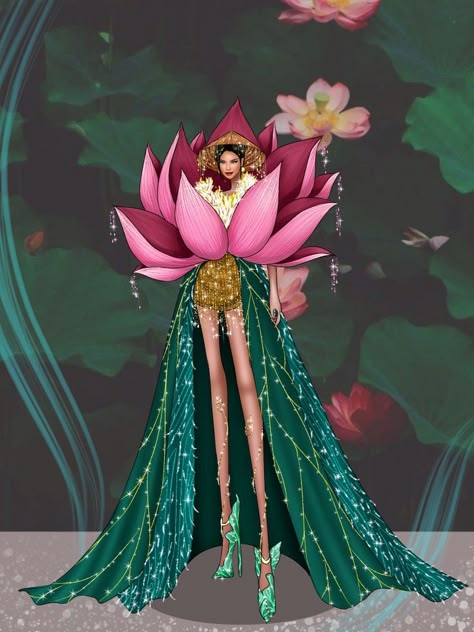 Lotus Inspired Fashion, Lotus Inspired Dress, Flower Dress Sketch, Lotus Dress Design, Water Themed Outfits, Lotus Outfit, Fashion Design Inspiration Board, Fashion Illustration Tutorial, Fashion Design Drawing