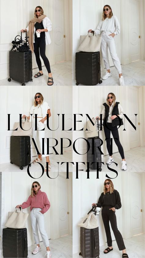 Airport Style Travel Outfits Long Flights, What To Wear For The Airport, Comfy Cute Travel Outfits, Lululemon Outfit Work, Lululemon Looks, Airport Outfit Lululemon, Travel Athleisure Outfits, Lululemon Align Bodysuit Outfit, Lululemon Outfit Spring