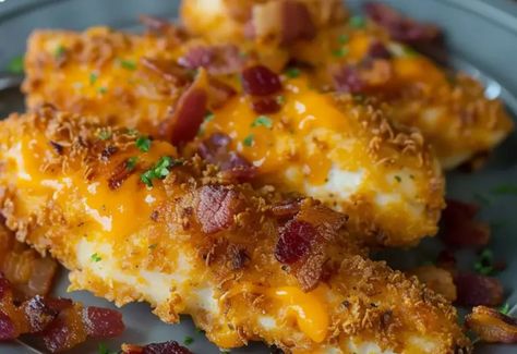 Cheddar Bacon Chicken Tenders Cheddar Bacon Chicken Tenders, Bacon Cheddar Chicken, Tender Recipes, Breaded Chicken Tenders, Chicken Tenderloin, Plain Bread, Bacon Chicken, Cheddar Chicken, Baked Chicken Tenders