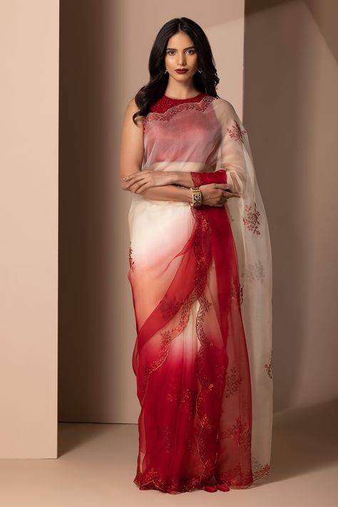 Red Organza Saree, Aesthetic Indian, Embellished Saree, Organza Embroidery, Dresses Traditional, Latest Saree, Fancy Sarees Party Wear, Royalty Aesthetic, Party Sarees