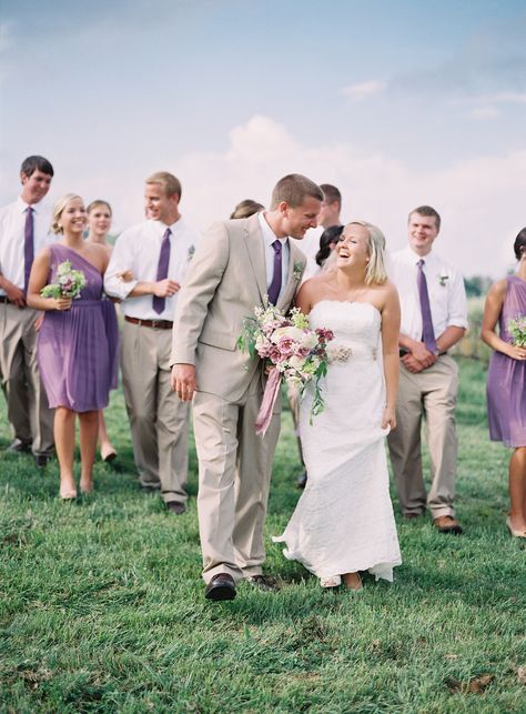 Purple and white style wedding. Photo by HEATHER PAYNE PHOTOGRAPHY Purple And Tan Wedding, Groomsmen Attire Purple, Tan Groomsmen, Khaki Wedding, Beach Wedding Purple, Banner Elk North Carolina, Wedding Party Attire, Wisteria Wedding, Wedding Party Groomsmen