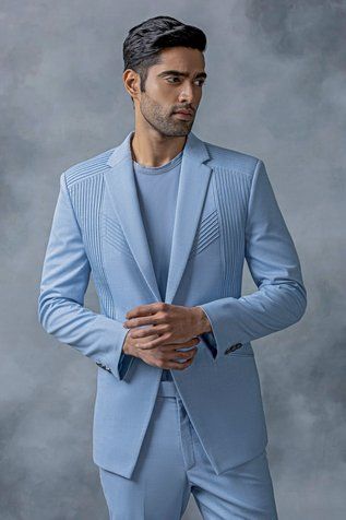 Shop for Sarab Khanijou Sky Blue Cotton Pintucked Blazer And Pant Co-ord Set for Men Online at Aza Fashions Blazer Set For Men, Reception Blazers For Men, Blazer Ideas For Men, Sky Blue Blazer Outfit Men, Men Blazer Outfit, Blue Blazer Outfit Men, Marriage Suits, Sky Blue Blazer, Vintage Mens Blazer