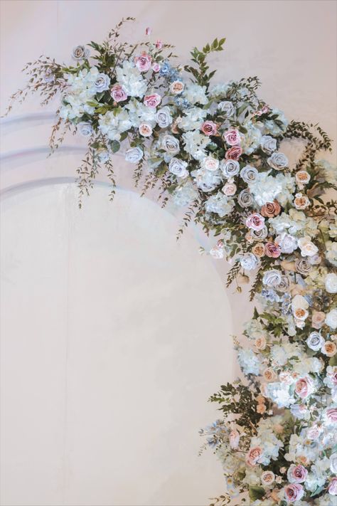 A beautiful floral arch with pastel blue, white and pink roses to beautify the wedding backdrop. Blue Pink White Wedding Theme, Nikkah Board, Teal Blue Decor, Blue Bridal Shower Themes, Engagement Backdrop, Wedding Themes Ideas, Simple Stage Decorations, Deep Conversation, Engagement Decor