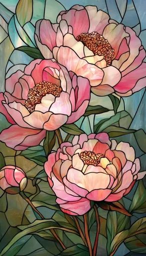 ↑↑↑ Larger size on website 🔸 A stained glass window depicting three pink peonies with intricate details. The flowers are arranged Peony Stained Glass Window, Stained Glass Window Flower, Pink Stained Glass Aesthetic, Stained Glass Style Painting, Stained Glass Floral Patterns, Flower Stained Glass Art, Stained Glass Tattoo Ideas, Stained Glass Aesthetic, Stained Glass Roses