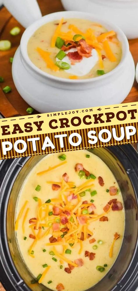 Crockpot Potato Soup Recipe, comfort food recipes, simple dinner recipes Bake Potatoes Soup In Crock Pot, Crockpot Recipes Baked Potato Soup, Crockpot Potato Soup Without Cream Cheese, Crockpot Meals Potato Soup, Crockpot Recipes Soup Potato, Slow Cooker Potato Cheese Soup, Thick Potato Soup Crockpot, Potato Soup In Slow Cooker, Crock Pot Cheddar Potato Soup